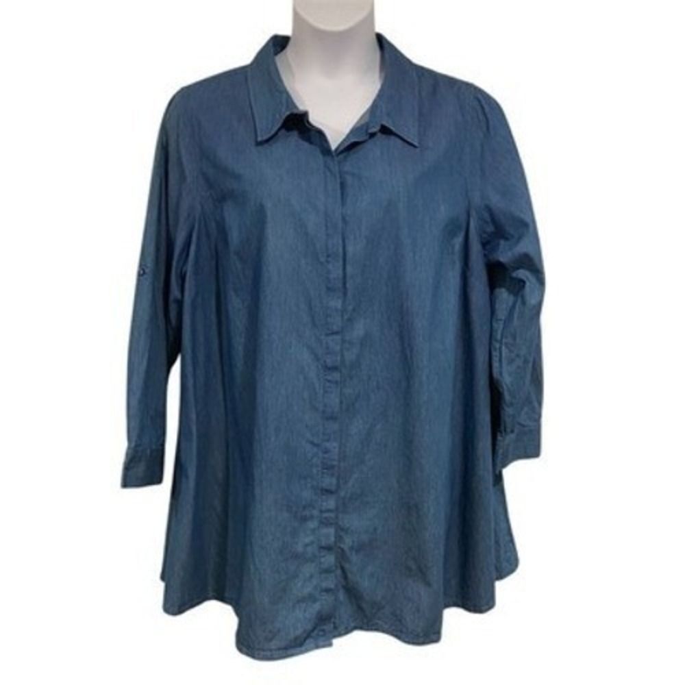 Ashro Womens Plus 2X Blue Chambray Tunic Top 3/4 Sleeve Button-Up Casual Blouse
